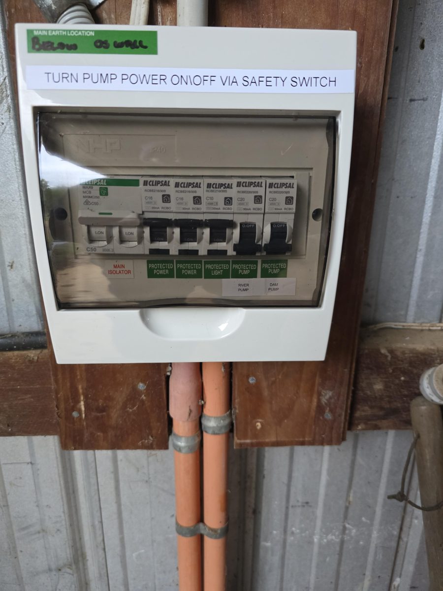 Switchboard with labelled river pump and dam pump circuits